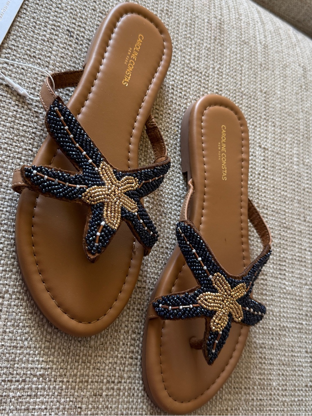 Caroline Constas Navy & Tan Starfish Beaded Flip Flop Beach Sandals - Picture 16 of 16